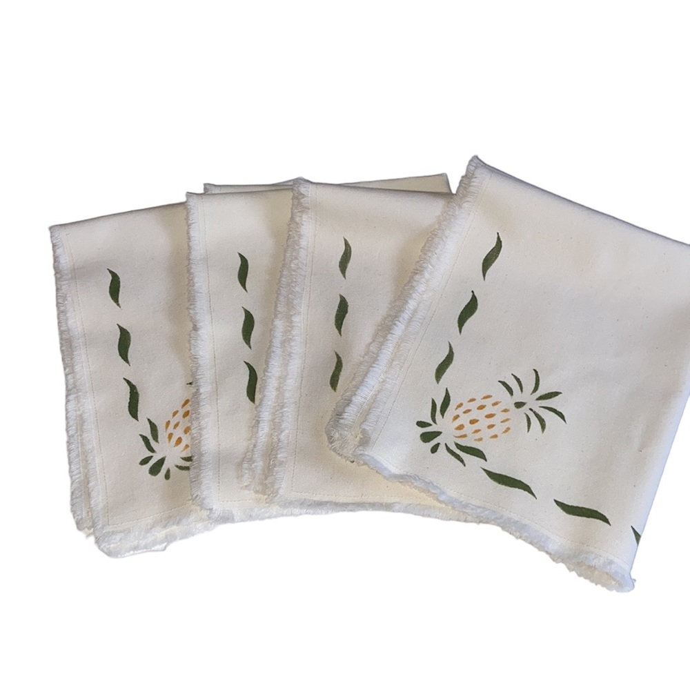 Set of 4 Handpainted Stenciled Pineapple Cloth Napkins or Placemats Raw hem
